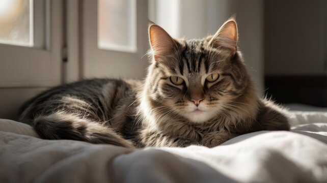 A fluffy gray tabby cat resting peacefully on a soft, white bed, curled up with its paws tucked in, bathed in natural sunlight coming through a nearby window, highlighting its fur and creating soft s