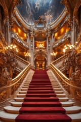 Obraz premium Exquisite Interior of an Opulent Grand Staircase with Dramatic Lighting and Intricate Architectural Details at a Historic Theater