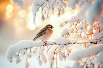 Serene winter scene with sparrow on snow-covered branch at golden sunrise