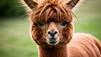 Fototapeta premium Charming alpaca with tousled fur in open green landscape.