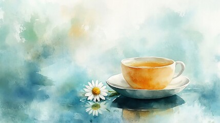 Fototapeta premium Soothing Chamomile Tea in Watercolor Pastoral Setting