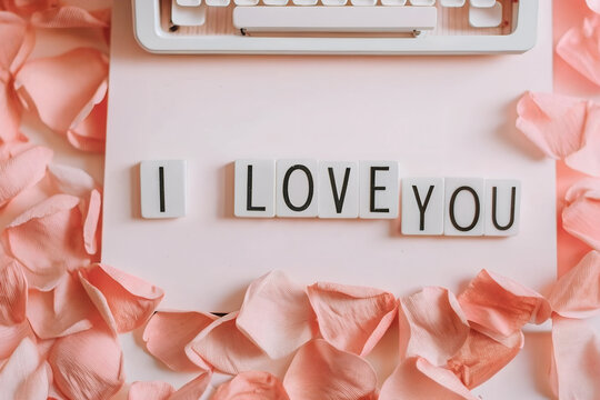 Love message on typewriter with "I Love You" and pink rose petals - heartfelt romantic decor, vintage charm, perfect for expressing affection