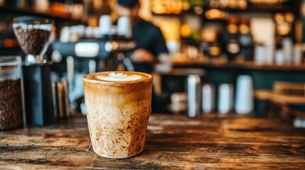 Image of a man enjoying a cup of coffee at a rustic cafe, strong focus on the subject with soft blurred background of the cafe interior, Fasted atmosphere, everyday life