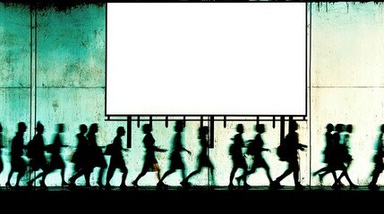 Silhouettes of People Walking Past a Blank Billboard