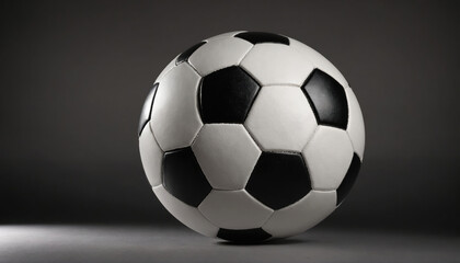 Obraz premium A soccer ball sits on a gray surface in front of a dark gray background