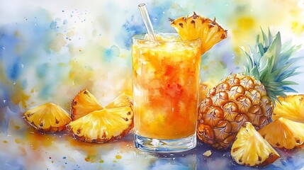 Vibrant Watercolor Pineapple Juice Surrounded by Tropical Fruit Slices