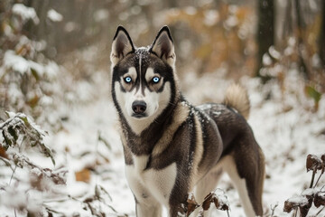 Naklejka premium Siberian husky in snowy forest with stunning blue eyes and winter foliage