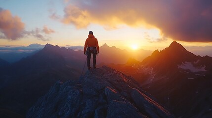 Fototapeta premium A lone hiker stands on a mountain peak at sunset, enjoying the view of the majestic mountains.