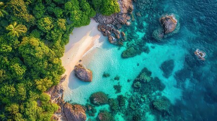 Breathtaking Aerial View of a Tropical Paradise with Clear Turquoise Waters and Sandy Beach Surrounded by Lush Greenery and Mysterious Rocky Outcrops