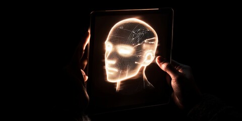 Hands hold a tablet showing a glowing head outline on a dark screen, representing the concept of artificial intelligence and robotics.