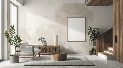 Fototapeta premium Wooden Frame on Minimalist White Wall - an elegant and modern visual. The minimalist white wall and wooden frame create a sleek and stylish scene.