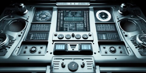 Fototapeta premium A futuristic control panel featuring dials, screens, and buttons for navigation and monitoring.