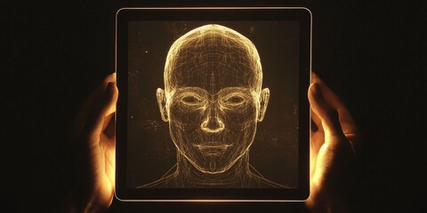 Hands hold a tablet showing a glowing head outline on a dark screen, representing the concept of artificial intelligence and robotics.