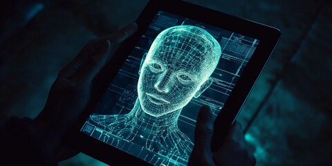 Hands hold a tablet showing a glowing head outline on a dark screen, representing the concept of artificial intelligence and robotics.