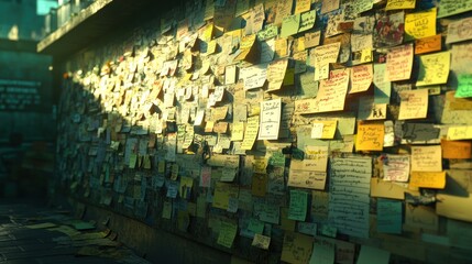 A wall covered in colorful sticky notes, conveying messages and thoughts.