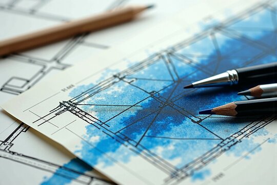 Drawing Tools Over Blueprint Paper