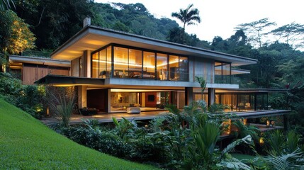 Obraz premium Modern luxury home nestled in lush green surroundings with large glass windows and scenic mountain backdrop showcasing evening ambiance and natural beauty