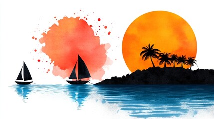 Naklejka premium Sunset Sailboats Tropical Island Watercolor Art
