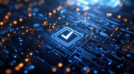 Fototapeta premium Illuminated checkmark symbol within a network of blue digital nodes, capturing the essence of secure verification and approval in technology.