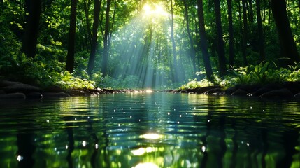 Obraz premium Sunlit Forest Stream Tranquil Nature Scene Lush Greenery Peaceful River