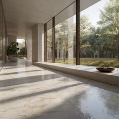 Fototapeta premium Elegant minimalist interior with floor-to-ceiling windows, marble floors, and natural light, offering serene forest views, open spaces, and seamless indoor V1