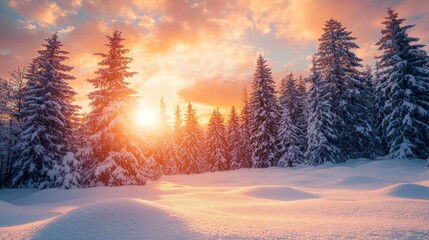 Fototapeta premium A serene winter landscape showcasing snow-covered trees under a colorful sunset sky, creating a tranquil and picturesque scene.