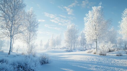 Fototapeta premium A serene winter landscape featuring snow-covered trees and a clear blue sky, creating a tranquil and picturesque scene.