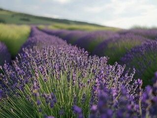 Obraz premium Beautiful Lavender Field with Vibrant Purple Flowers Under Clear Sky and Gentle Hills in Background Creating a Serene and Peaceful Ambiance