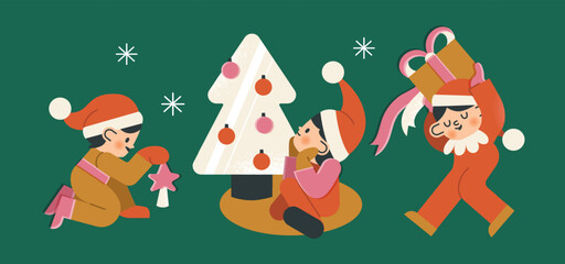 Children elves in costumes with Christmas elements. Characters are Santas helpers in red hats. Vintage style of illustrations. Vector flat design.