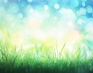 Obraz premium Abstract spring background with blurred sun rays and bokeh on a green grass meadow, against a blue sky with clouds.