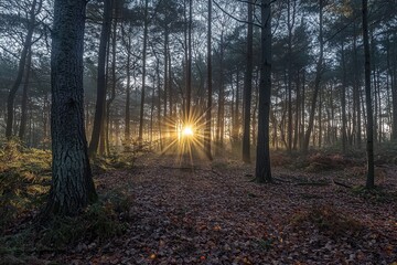 Obraz premium Serene Forest Landscape at Sunrise with Soft Light Filtering Through Tall Trees and a Tranquil Atmosphere in an Early Morning Misty Environment