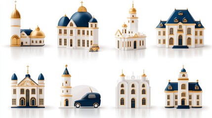 Fototapeta premium Elegant Blue Gold Churches Mansions Architectural 3D Models