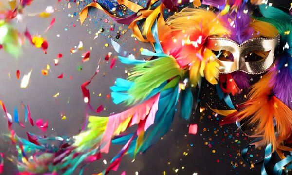 colorful carnival mask with feathers and confetti
