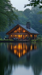 Obraz premium A cozy cabin nestled in the woods, illuminated by warm lights, reflects in the still water of a lake. The serene setting evokes a sense of peace and tranquility.