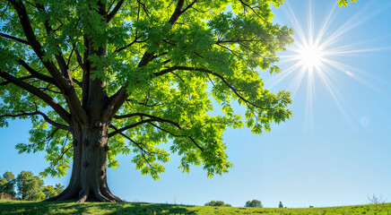 Obraz premium Majestic tree with lush green leaves under a bright sun, symbolizing strength and vitality in nature