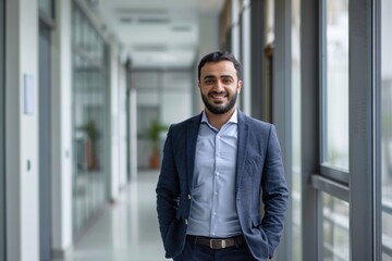 Business Casual Attire. Portrait of a Confident Arab Man in Corporate Office Hallway