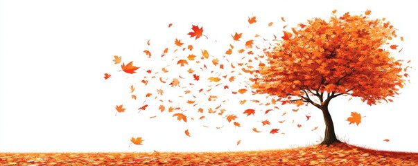 A vibrant autumn tree shedding colorful leaves against a white background.