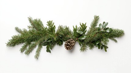A long, straight Christmas garland of fir branches against a white background, highlighting the natural textures and holiday atmosphere