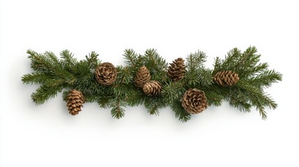 A long, straight Christmas garland of fir branches against a white background, highlighting the natural textures and holiday atmosphere