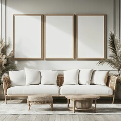 Frame mockup, ISO A paper size. Living room wall poster mockup. Interior mockup with house background. Modern interior design. 3D render