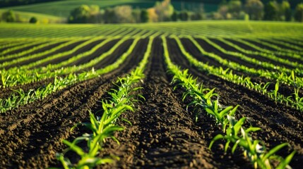 Corn Rows: Green Agriculture Field with Young Corn Growing in Rows