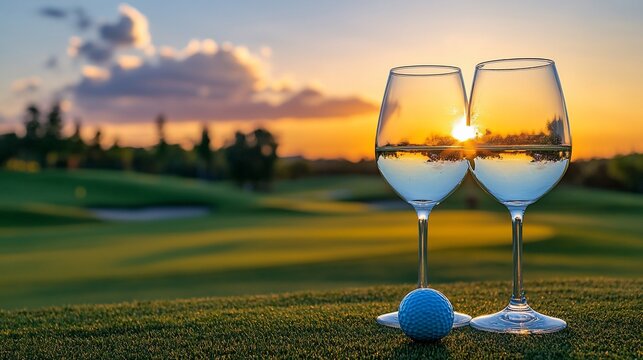 Two wine glasses on a golf course with a sunset reflected in them and a golf ball in the foreground.