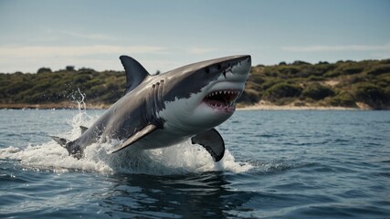 Naklejka premium Great white shark leaping from water with open jaws