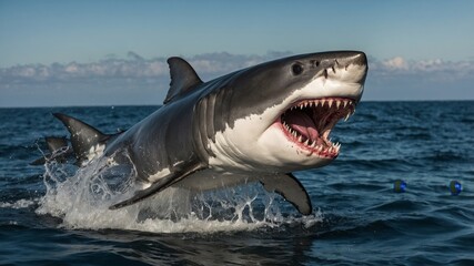 Fototapeta premium Great white shark leaping from water with open jaws