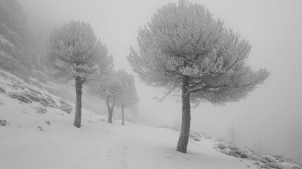 Fototapeta premium A serene winter landscape featuring snow-covered trees shrouded in fog, creating a tranquil and mysterious atmosphere.