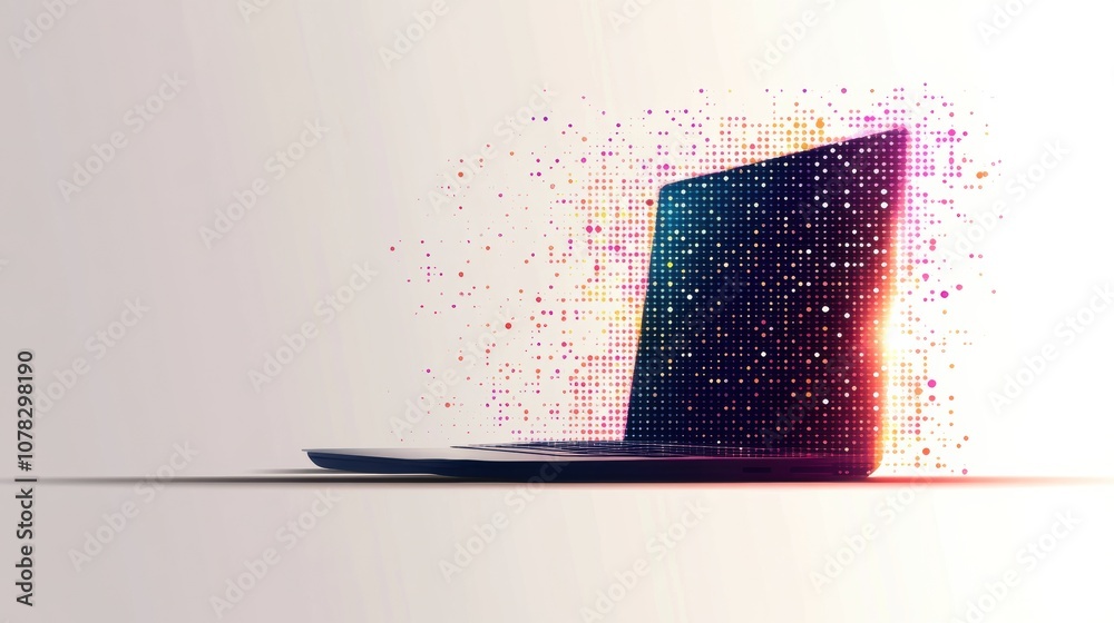 Poster colorful pixels flow from a laptop as it symbolizes digital creativity in a contemporary workspace, 