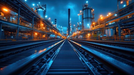 Fototapeta premium Industrial landscape with railway tracks leading to factories at dusk.