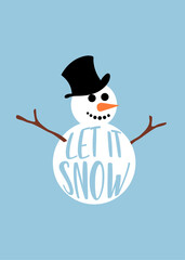 Logo snowman. Banner con texto Let it Snow en muñeco de nieve con sombrero y nariz de zanahoria