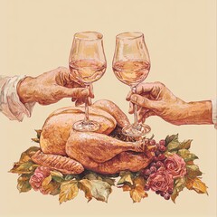 close-up of glasses with wine in hands on table background. Selective focus