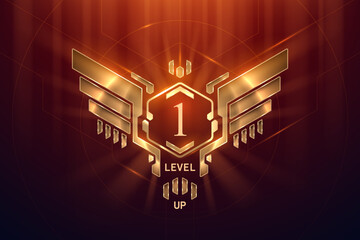 Golden level up badge with wings on red background